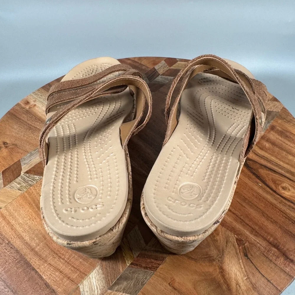 Crocs Leigh II Suede Wedge Sandals Womens 8 Brown Espresso Cork Strappy Platform